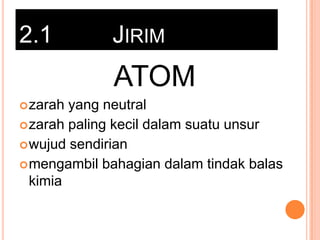 2.1

JIRIM

ATOM
 zarah

yang neutral
 zarah paling kecil dalam suatu unsur
 wujud sendirian
 mengambil bahagian dalam tindak balas
kimia

 