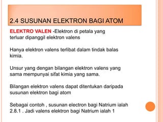 2.4 SUSUNAN ELEKTRON BAGI ATOM
ELEKTRO VALEN -Elektron di petala yang
terluar dipanggil elektron valens
Hanya elektron valens terlibat dalam tindak balas
kimia.
Unsur yang dengan bilangan elektron valens yang
sama mempunyai sifat kimia yang sama.
Bilangan elektron valens dapat ditentukan daripada
susunan elektron bagi atom
Sebagai contoh , susunan electron bagi Natrium ialah
2.8.1 . Jadi valens elektron bagi Natrium ialah 1

 