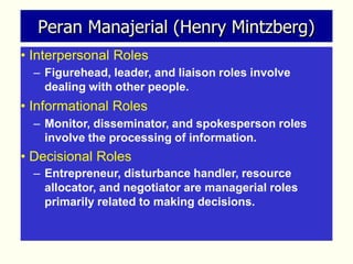 Peran Manajerial (Henry Mintzberg)
• Interpersonal Roles
– Figurehead, leader, and liaison roles involve
dealing with other people.
• Informational Roles
– Monitor, disseminator, and spokesperson roles
involve the processing of information.
• Decisional Roles
– Entrepreneur, disturbance handler, resource
allocator, and negotiator are managerial roles
primarily related to making decisions.
 
