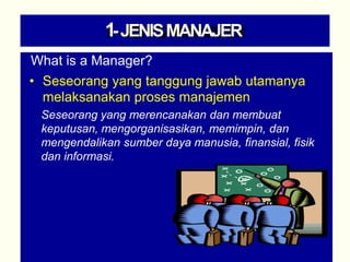 1-JENISMANAJER
What is a Manager?
• Seseorang yang tanggung jawab utamanya
melaksanakan proses manajemen
Seseorang yang merencanakan dan membuat
keputusan, mengorganisasikan, memimpin, dan
mengendalikan sumber daya manusia, finansial, fisik
dan informasi.
 