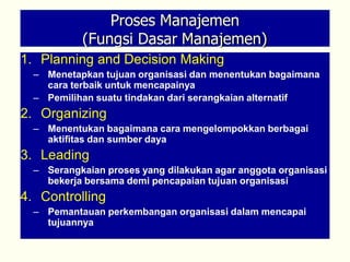 Proses Manajemen
(Fungsi Dasar Manajemen)
1. Planning and Decision Making
– Menetapkan tujuan organisasi dan menentukan bagaimana
cara terbaik untuk mencapainya
– Pemilihan suatu tindakan dari serangkaian alternatif
2. Organizing
– Menentukan bagaimana cara mengelompokkan berbagai
aktifitas dan sumber daya
3. Leading
– Serangkaian proses yang dilakukan agar anggota organisasi
bekerja bersama demi pencapaian tujuan organisasi
4. Controlling
– Pemantauan perkembangan organisasi dalam mencapai
tujuannya
 
