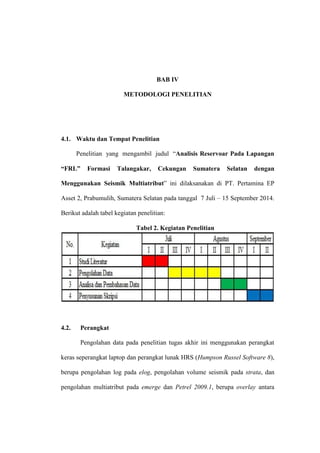 BAB IV
METODOLOGI PENELITIAN
4.1. Waktu dan Tempat Penelitian
Penelitian yang mengambil judul “Analisis Reservoar Pada Lapangan
“FRL” Formasi Talangakar, Cekungan Sumatera Selatan dengan
Menggunakan Seismik Multiatribut” ini dilaksanakan di PT. Pertamina EP
Asset 2, Prabumulih, Sumatera Selatan pada tanggal 7 Juli – 15 September 2014.
Berikut adalah tabel kegiatan penelitian:
Tabel 2. Kegiatan Penelitian
4.2. Perangkat
Pengolahan data pada penelitian tugas akhir ini menggunakan perangkat
keras seperangkat laptop dan perangkat lunak HRS (Humpson Russel Software 8),
berupa pengolahan log pada elog, pengolahan volume seismik pada strata, dan
pengolahan multiatribut pada emerge dan Petrel 2009.1, berupa overlay antara
 
