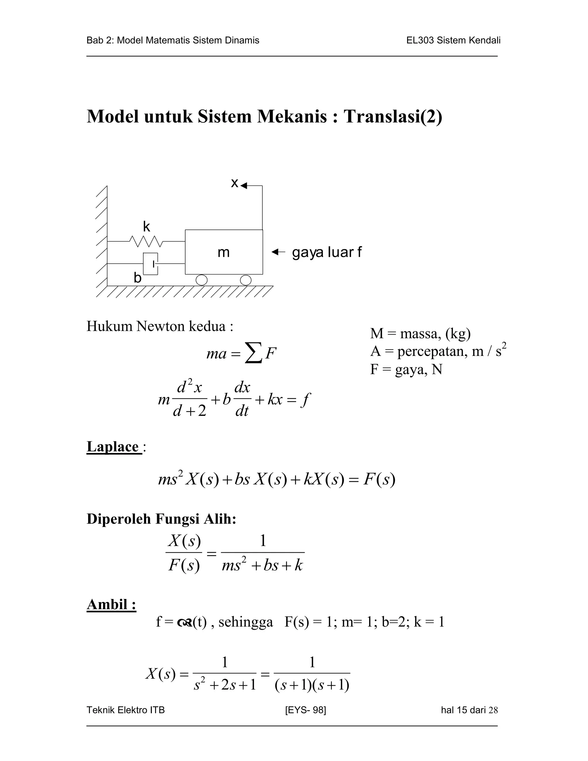 Bab 2: Model Matematis Sistem Dinamis                       EL303 Sistem Kendali
_____________________________________________________________________________




Model untuk Sistem Mekanis : Translasi(2)


                                x

             k
                            m             gaya luar f
         b


Hukum Newton kedua :                                    M = massa, (kg)
                          ma   F                      A = percepatan, m / s2
                                                        F = gaya, N
                   d2x     dx
                 m       b  kx  f
                   d 2    dt

Laplace :

                 ms2 X ( s)  bs X ( s)  kX ( s)  F ( s)

Diperoleh Fungsi Alih:
                   X ( s)     1
                           2
                   F ( s) ms  bs  k

Ambil :
                 f = (t) , sehingga F(s) = 1; m= 1; b=2; k = 1

                             1              1
             X ( s)                
                        s2  2 s  1 ( s  1)( s  1)
Teknik Elektro ITB                   [EYS- 98]                    hal 15 dari 28
_____________________________________________________________________________
 