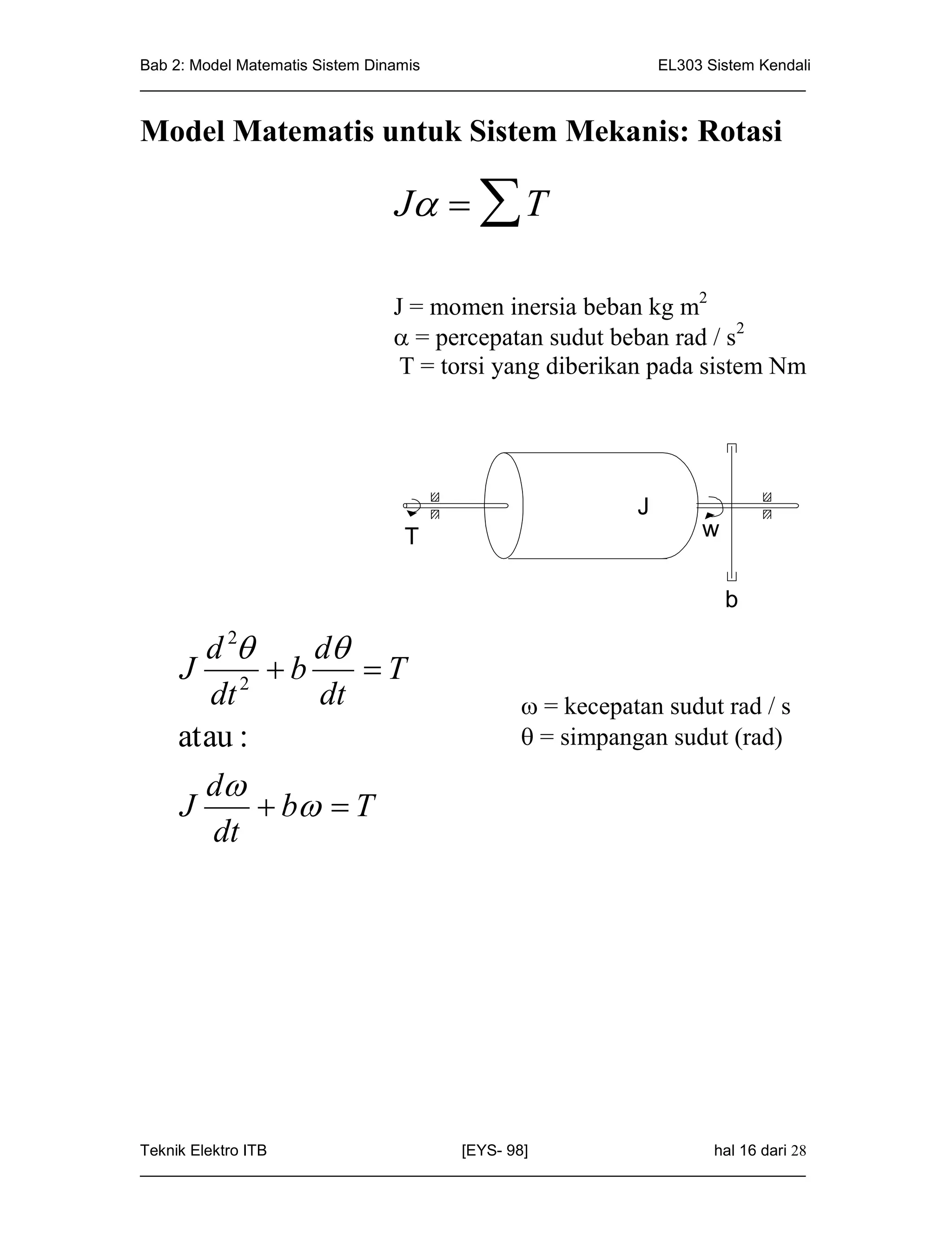 Bab 2: Model Matematis Sistem Dinamis                       EL303 Sistem Kendali
_____________________________________________________________________________


Model Matematis untuk Sistem Mekanis: Rotasi

                              J   T

                              J = momen inersia beban kg m2
                               = percepatan sudut beban rad / s2
                               T = torsi yang diberikan pada sistem Nm




                                                           J
                               T                                   w

                                                                       b

      d 2     d
    J 2 b        T
       dt      dt                             = kecepatan sudut rad / s
    atau :                                    = simpangan sudut (rad)

      d
    J       b  T
       dt




Teknik Elektro ITB                   [EYS- 98]                    hal 16 dari 28
_____________________________________________________________________________
 