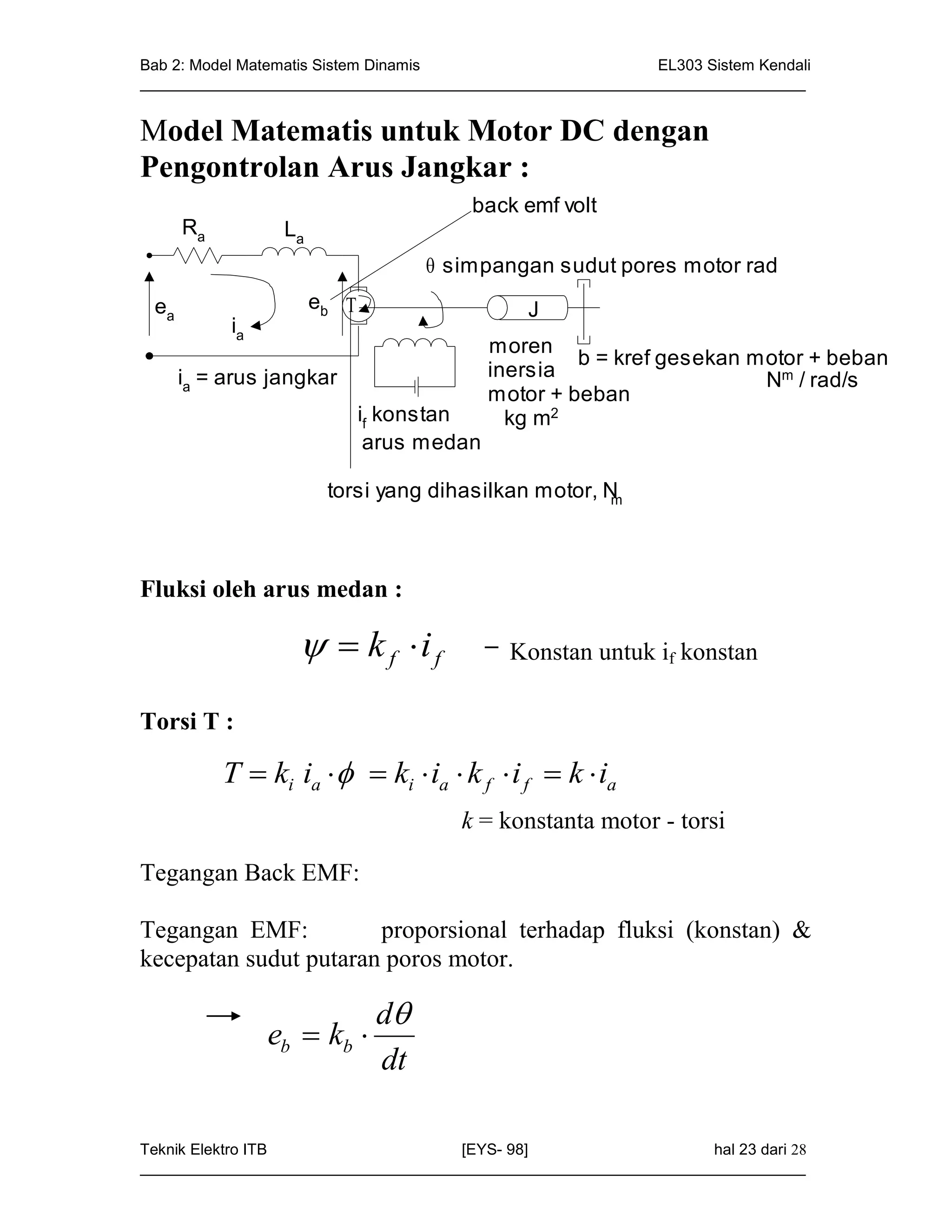 Bab 2: Model Matematis Sistem Dinamis                       EL303 Sistem Kendali
_____________________________________________________________________________


Model Matematis untuk Motor DC dengan
Pengontrolan Arus Jangkar :
                                       back emf volt
      Ra         La
                                    simpangan sudut pores motor rad
 ea                   eb                     J
           ia
                                           moren
                                                    b = kref gesekan motor + beban
      ia = arus jangkar                    inersia                    Nm / rad/s
                                           motor + beban
                             if konstan      kg m2
                              arus medan

                       torsi yang dihasilkan motor, Nm




Fluksi oleh arus medan :

                     k f i f              untuk if konstan
                                            Konstan

Torsi T :

           T  ki ia   ki  ia  k f  i f  k  ia
                                      k = konstanta motor - torsi

Tegangan Back EMF:

Tegangan EMF:          proporsional terhadap fluksi (konstan) &
kecepatan sudut putaran poros motor.

                              d
                eb  kb 
                              dt

Teknik Elektro ITB                   [EYS- 98]                    hal 23 dari 28
_____________________________________________________________________________
 