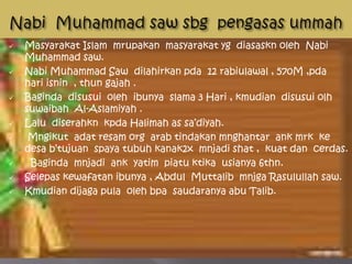  Masyarakat Islam mrupakan masyarakat yg diasaskn oleh Nabi
Muhammad saw.
 Nabi Muhammad Saw dilahirkan pda 12 rabiulawal , 570M ,pda
hari isnin , thun gajah .
 Baginda disusui oleh ibunya slama 3 Hari , kmudian disusui olh
suwaibah Al-Aslamiyah .
 Lalu diserahkn kpda Halimah as sa’diyah.
 Mngikut adat resam org arab tindakan mnghantar ank mrk ke
desa b’tujuan spaya tubuh kanak2x mnjadi shat , kuat dan cerdas.
 Baginda mnjadi ank yatim piatu ktika usianya 6thn.
 Selepas kewafatan ibunya , Abdul Muttalib mnjga Rasulullah saw.
 Kmudian dijaga pula oleh bpa saudaranya abu Talib.
 