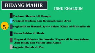 IBNU KHALDUN
Perdana Menteri di Bongie
Penggiat Budaya dan Kesusasteraan Arab
Menghasilkan Banyak Syair dalam Kitab al-Mukadimah
Ketua hakim di Mesir
55
Anggota Ilmiah di Pez
BIDANG MAHIR
Pegawai Jabatan Setiausaha Negara di Istana Sultan
Abu Ishak dan Sultan Abu Asnan
 