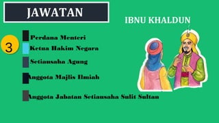 JAWATAN
IBNU KHALDUN
33
Perdana Menteri
Ketua Hakim Negara
Setiausaha Agung
Anggota Majlis Ilmiah
Anggota Jabatan Setiausaha Sulit Sultan
 