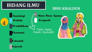 BIDANG ILMU
IBNU KHALDUN
Sosiologi
Politik
Pendidikan
Ekonomi
Falsafah
44
Sejarah
Ilmu Ilmu Agama
Geografi
Tafsir, Hadis,
Fekah, Usuluddin
 