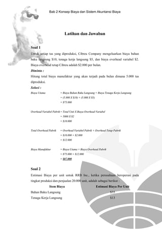 Bab 2 Konsep Biaya dan Sistem Akuntansi Biaya

Latihan dan Jawaban
Soal 1
Untuk setiap tas yang diproduksi, Cibreu Company mengeluarkan biaya bahan
baku langsung $10, tenaga kerja langsung $5, dan biaya overhead variabel $2.
Biaya overhead tetap Cibreu adalah $2.000 per bulan.
Diminta :
Hitung total biaya manufaktur yang akan terjadi pada bulan dimana 5.000 tas
diproduksi.
Solusi :
Biaya Utama

= Biaya Bahan Baku Langsung + Biaya Tenaga Kerja Langsung
= (5.000 X $10) + (5.000 X $5)
= $75.000

Overhead Variabel Pabrik = Total Unit X Biaya Overhead Variabel
= 5000 X $2
= $10.000
Total Overhead Pabrik

= Overhead Variabel Pabrik + Overhead Tetap Pabrik
= $10.000 + $2.000
= $12.000

Biaya Manufaktur

= Biaya Utama + Biaya Overhead Pabrik
= $75.000 + $12.000
= $87.000

Soal 2
Estimasi Biaya per unit untuk RRB Inc., ketika perusahaan beroperasi pada
tingkat produksi dan penjualan 20.000 unit, adalah sebagai berikut :
Item Biaya

Estimasi Biaya Per Unit

Bahan Baku Langsung

$35

Tenaga Kerja Langsung

$13

 