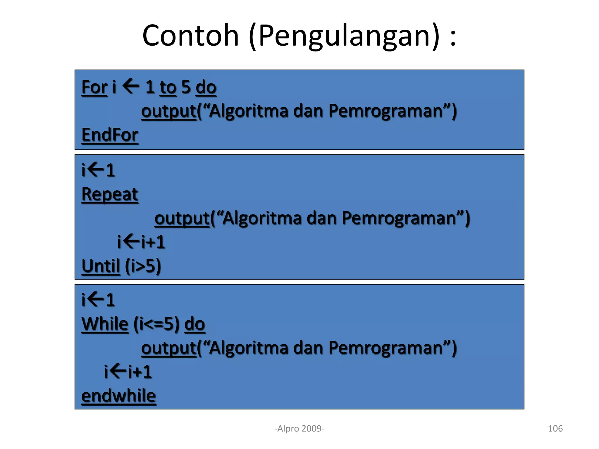 Contoh (Pengulangan) :
-Alpro 2009- 106
For i  1 to 5 do
output(“Algoritma dan Pemrograman”)
EndFor
i1
Repeat
output(“Algoritma dan Pemrograman”)
ii+1
Until (i>5)
i1
While (i<=5) do
output(“Algoritma dan Pemrograman”)
ii+1
endwhile
 