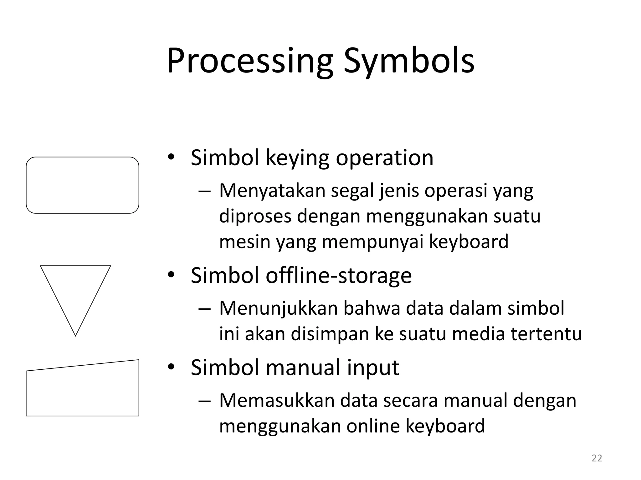 Processing Symbols
• Simbol keying operation
– Menyatakan segal jenis operasi yang
diproses dengan menggunakan suatu
mesin yang mempunyai keyboard
• Simbol offline-storage
– Menunjukkan bahwa data dalam simbol
ini akan disimpan ke suatu media tertentu
• Simbol manual input
– Memasukkan data secara manual dengan
menggunakan online keyboard
22
 