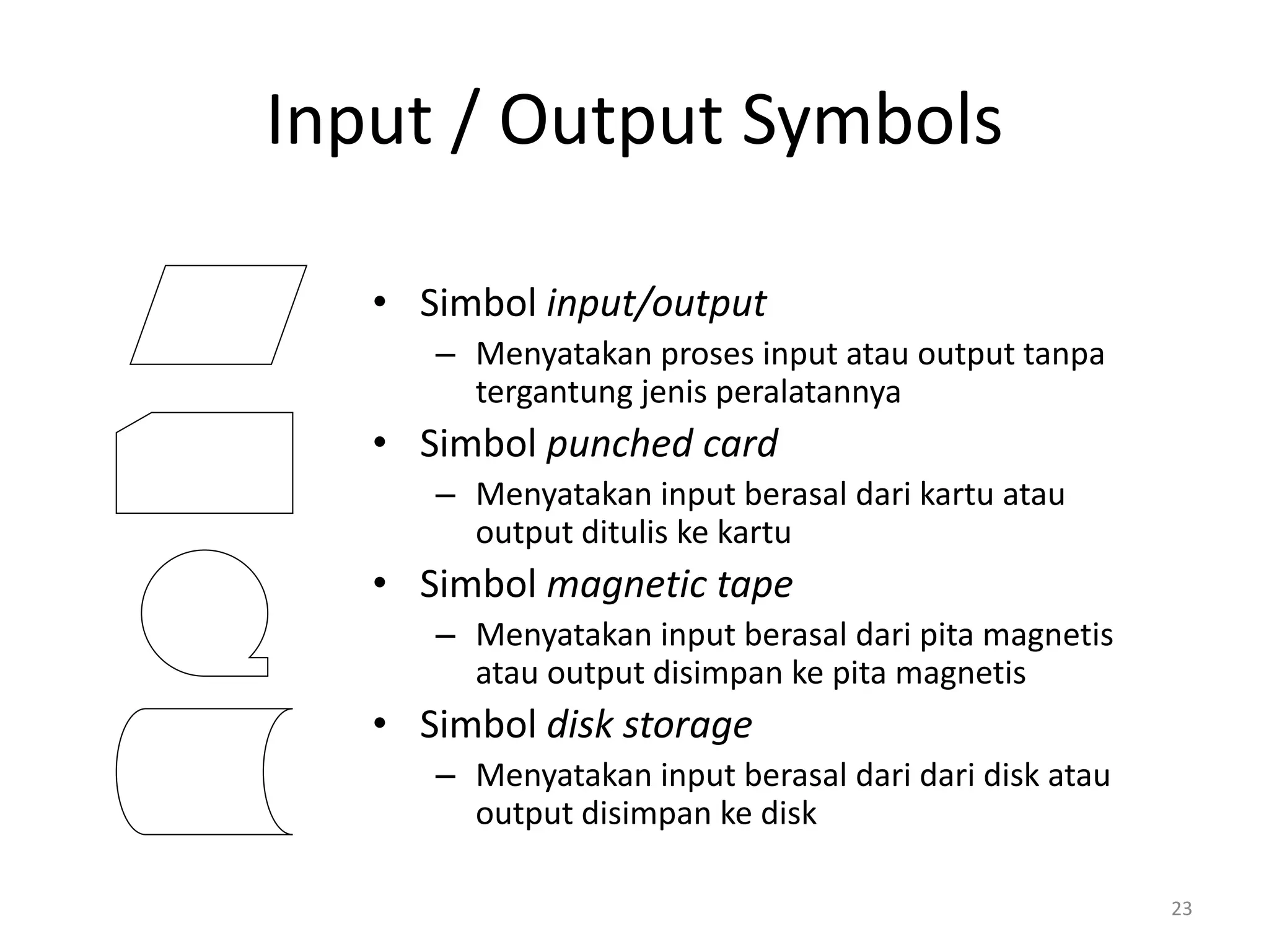 Input / Output Symbols
• Simbol input/output
– Menyatakan proses input atau output tanpa
tergantung jenis peralatannya
• Simbol punched card
– Menyatakan input berasal dari kartu atau
output ditulis ke kartu
• Simbol magnetic tape
– Menyatakan input berasal dari pita magnetis
atau output disimpan ke pita magnetis
• Simbol disk storage
– Menyatakan input berasal dari dari disk atau
output disimpan ke disk
23
 