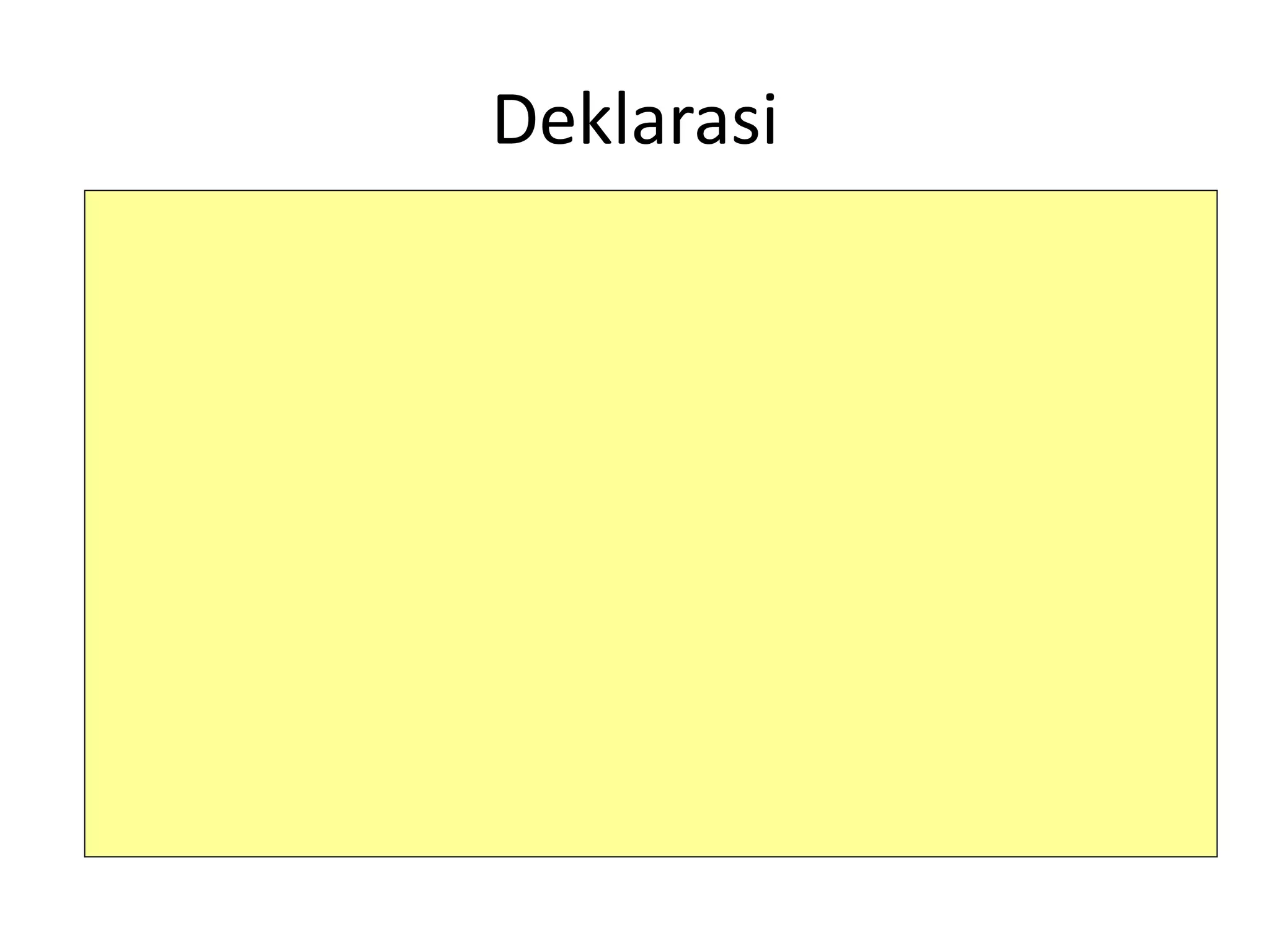 Deklarasi
DEKLARASI
{ Nama tipe, hanya untuk tipe yang bukan tipe dasar }
type Titik : <X:real,Y:real> { koordinat pada sumbu kartesian }
{ Nama konstanta, harus menyebutkan nilai }
const phi = 3.14
{ Nama peubah (variabel), menyebutkan tipe }
P : Titik { Titik dalam derajat kartesian }
jmlh : integer { Jumlah suatu elemen }
ketemu : boolean { Keadaan hasil pencarian }
{ Spesifikasi Fungsi, menyebutkan nama fungsi, domain dan range }
function Konversi_Real_Ke_Integer(input i:real)→integer
{ Mengkonversi harga i yang bertipe real menjadi harga ekivalen yang
bertipe integer }
{ Spesifikasi Prosedur, menyebutkan nama, parameter, kondisi awal, kondisi
akhir dan proses }
procedure Tukar(input/output A:integer, input/output B:integer)
{ Kondisi awal : A dan B terdefinisi, A=a dan B=b }
{ Kondisi akhir : A=b dan B=a }
{ Proses : Mempertukarkan nilai A dan B }
 