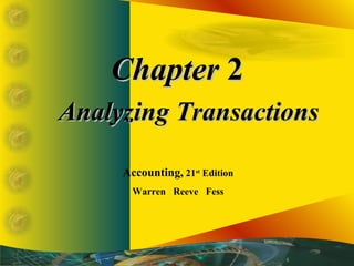 CChhaapptteerr 22 
AAnnaallyyzziinngg TTrraannssaaccttiioonnss 
Accounting, 21st Edition 
Warren Reeve Fess 
 