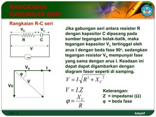 Adaptif 
RANGKAIAN 
GABUNGAN SERI 
Rangkaian R-C seri 
Vc 
Hal.: 3 
VR VC 
R C 
VR 
V 
V 
j 
I 
Jika gabungan seri antara resistor R 
dengan kapasitor C dipasang pada 
sumber tegangan bolak-balik, maka 
tegangan kapasitor VC tertinggal oleh 
arus I dengan beda fase 90o, sedangkan 
tegangan resistor VR mempunyai fase 
yang sama dengan arus I. Keadaan ini 
dapat dapat digambarkan dengan 
diagram fasor seperti di samping. 
2 2 
C V = I R + X 
V = I.Z 
Xj = C 
R 
Keterangan: 
Z = impedansi (W) 
j = beda fase 
~ 
 