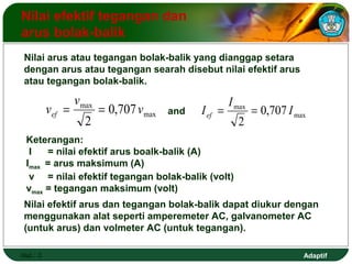 Adaptif 
Nilai efektif tegangan dan 
arus bolak-balik 
Nilai arus atau tegangan bolak-balik yang dianggap setara 
dengan arus atau tegangan searah disebut nilai efektif arus 
atau tegangan bolak-balik. 
Hal.: 3 
max 
max 0,707 
2 
v 
v 
I I I ef and = = 
vef = = max 
max 0,707 
2 
Keterangan: 
I = nilai efektif arus boalk-balik (A) 
Imax = arus maksimum (A) 
v = nilai efektif tegangan bolak-balik (volt) 
vmax = tegangan maksimum (volt) 
Nilai efektif arus dan tegangan bolak-balik dapat diukur dengan 
menggunakan alat seperti amperemeter AC, galvanometer AC 
(untuk arus) dan volmeter AC (untuk tegangan). 
 