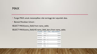 MAX
• Fungsi MAX untuk menampilkan nilai tertinggi dari sejumlah data.
• Bentuk Penulisan Umum :
SELECT MAX(nama_field) from nama_table;
SELECT MAX(nama_field) AS nama_field_baru from nama_table;
 