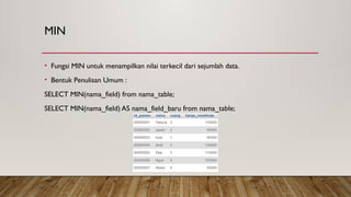 MIN
• Fungsi MIN untuk menampilkan nilai terkecil dari sejumlah data.
• Bentuk Penulisan Umum :
SELECT MIN(nama_field) from nama_table;
SELECT MIN(nama_field) AS nama_field_baru from nama_table;
 