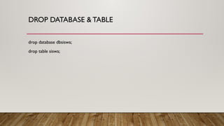 DROP DATABASE & TABLE
drop database dbsiswa;
drop table siswa;
 