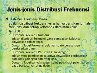 Jenis-jenis Distribusi Frekuensi
Distribusi Frekuensi Biasa
 adalah distribusi frekuensi ysng hanya berisikan jumlah
 frekuensi dari setiap kelompok data atau kelas.
 Jenis DFB:
  Distribusi Frekuensi Numerik
   adalah distribusi frekuensi yang pembagian kelasnya
   dinyatakan dalam angka.
   Contoh : Tabel Frekuensi pelamar suatu perusahaan
   berdasarkan umur.
  Distribusi Frekuensi Peristiwa atau kategori
   adalah yang pembagian kelasnya dinyatakan berdasarkan
   data atau golongan data yang ada.
   Contoh : Tabel banyaknya peristiwa pada hasil pelemparan
   dadu berdasarkan anga dadu.
 
