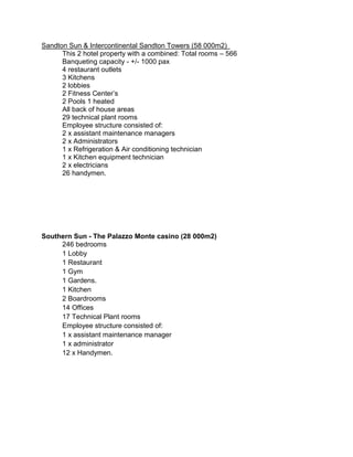 Sandton Sun & Intercontinental Sandton Towers (58 000m2)
This 2 hotel property with a combined: Total rooms – 566
Banqueting capacity - +/- 1000 pax
4 restaurant outlets
3 Kitchens
2 lobbies
2 Fitness Center’s
2 Pools 1 heated
All back of house areas
29 technical plant rooms
Employee structure consisted of:
2 x assistant maintenance managers
2 x Administrators
1 x Refrigeration & Air conditioning technician
1 x Kitchen equipment technician
2 x electricians
26 handymen.
Southern Sun - The Palazzo Monte casino (28 000m2)
246 bedrooms
1 Lobby
1 Restaurant
1 Gym
1 Gardens.
1 Kitchen
2 Boardrooms
14 Offices
17 Technical Plant rooms
Employee structure consisted of:
1 x assistant maintenance manager
1 x administrator
12 x Handymen.
 