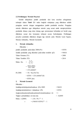 8
2.2 Perhitungan Metode Proyeksi
Setelah didapatkan jumlah penduduk dari kota tersebut sebagaimana
terlampir dalam Tabel 2.1 maka langkah selanjutnya yang dilakukan adalah
pengujian metode dengan menggunakan jumlah penduduk tersebut. Pengujian
metode dilakukan agar didapatkan metode yang sesuai untuk memproyeksikan
penduduk dimasa yang akan datang agar perencanaan kebutuhan air bersih yang
dilakukan sesuai dan konsumen terlayani secara berkelanjutan. Perhitungan
proyeksi penduduk dilakukan dengan tiga metode yaitu: Metode Least Square,
Metode Aritmatika, Metode Geometrik.
1. Metode Aritmatika
Diketahui :
jumlah penduduk pada tahun 2008 (P1) = 85591
Jumlah penduduk yang diketahui pada tahun terakhir (p2) = 94410
Tahun Pertama (T1) = 2008
Tahun Terakhir (T2) = 2014
Maka : Ka =
𝑃2−𝑃1
𝑇2 −
𝑇1
=
94410 −85591
2014 −2008
= 1531,666667
Pn 2008 = Po + Ka (Tn-To)
= 85591 + 1531,666667 (0)
= 85591 jiwa
2. Metode Geometri
Diketahui :
Jumlahpendudukpadatahundasar (Po) 2009 = 94410
Jumlahpendudukdalam t tahundasar (Pt) = 85591
Jangkawaktuantaratahundasardansebelumtahundasar (t) = 1
Tingkat pertumbuhan (r) rata-rata = -0,0495
Maka : r (2009) = ( Po / Pt ) 1/t– 1
r = ( 94410/ 85591)2-1 – 1
 