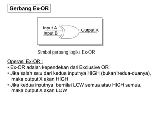 Gerbang Ex-OR
Input A
Input B
Output X
Simbol gerbang logika Ex-OR
Operasi Ex-OR :
• Ex-OR adalah kependekan dari Exclusive OR
• Jika salah satu dari kedua inputnya HIGH (bukan kedua-duanya),
maka output X akan HIGH
• Jika kedua inputnya bernilai LOW semua atau HIGH semua,
maka output X akan LOW
 