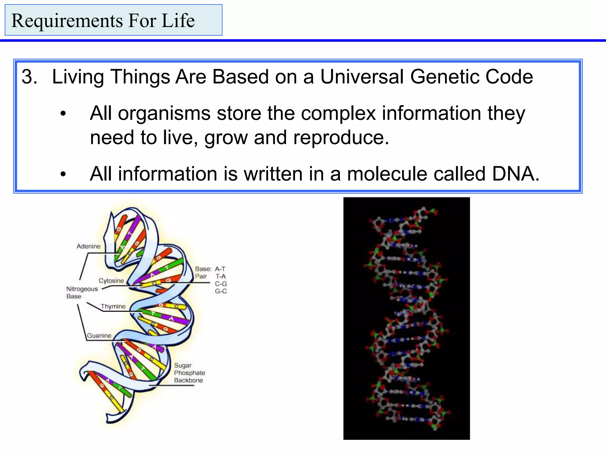 3. Living Things Are Based on a Universal Genetic Code
• All organisms store the complex information they
need to live, grow and reproduce.
• All information is written in a molecule called DNA.
Requirements For Life
 