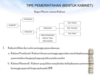 TIPE PEMERINTAHAN (BENTUK KABINET)
                              Bagan Macam-macam Kabinet




1.   Kabinet dilihat dari sudut pertanggung jawabannya:

     a. Kabinet Presidensiil : Kabinet dimana pertanggungjawaban atas kebijaksanaan
       pemerintahan dipegang langsung oleh presiden sendiri.

     b. Kabinet Ministerill : Kabinet yang dalam menjalankan kebijaksanaan pemerintahan
       bertanggung jawab langsung kepada DPR
 