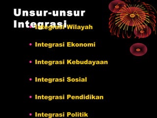 Unsur-unsur
IntegrasiWilayah
• Integrasi
• Integrasi Ekonomi
• Integrasi Kebudayaan
• Integrasi Sosial
• Integrasi Pendidikan
• Integrasi Politik

 