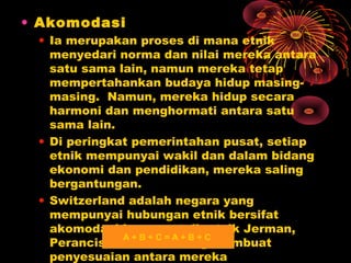• Akomodasi
• Ia merupakan proses di mana etnik
menyedari norma dan nilai mereka antara
satu sama lain, namun mereka tetap
mempertahankan budaya hidup masingmasing. Namun, mereka hidup secara
harmoni dan menghormati antara satu
sama lain.
• Di peringkat pemerintahan pusat, setiap
etnik mempunyai wakil dan dalam bidang
ekonomi dan pendidikan, mereka saling
bergantungan.
• Switzerland adalah negara yang
mempunyai hubungan etnik bersifat
akomodasi kerana etnik-etnik Jerman,
A+B+C=A+B+C
Perancis dan Itali, saling membuat
penyesuaian antara mereka

 