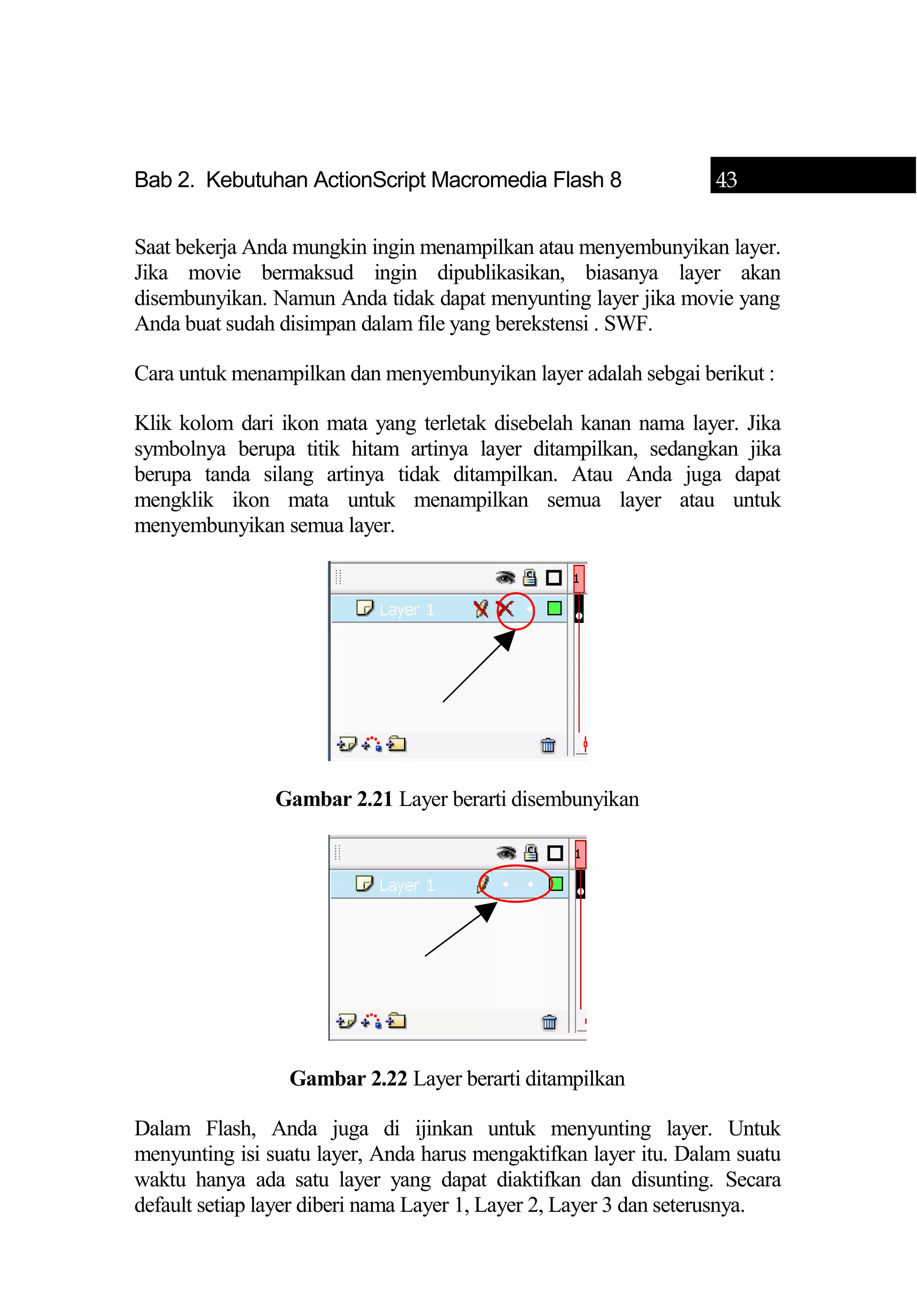Bab 2. Kebutuhan ActionScript Macromedia Flash 8 43
Saat bekerja Anda mungkin ingin menampilkan atau menyembunyikan layer.
Jika movie bermaksud ingin dipublikasikan, biasanya layer akan
disembunyikan. Namun Anda tidak dapat menyunting layer jika movie yang
Anda buat sudah disimpan dalam file yang berekstensi . SWF.
Cara untuk menampilkan dan menyembunyikan layer adalah sebgai berikut :
Klik kolom dari ikon mata yang terletak disebelah kanan nama layer. Jika
symbolnya berupa titik hitam artinya layer ditampilkan, sedangkan jika
berupa tanda silang artinya tidak ditampilkan. Atau Anda juga dapat
mengklik ikon mata untuk menampilkan semua layer atau untuk
menyembunyikan semua layer.
Gambar 2.21 Layer berarti disembunyikan
Gambar 2.22 Layer berarti ditampilkan
Dalam Flash, Anda juga di ijinkan untuk menyunting layer. Untuk
menyunting isi suatu layer, Anda harus mengaktifkan layer itu. Dalam suatu
waktu hanya ada satu layer yang dapat diaktifkan dan disunting. Secara
default setiap layer diberi nama Layer 1, Layer 2, Layer 3 dan seterusnya.
 