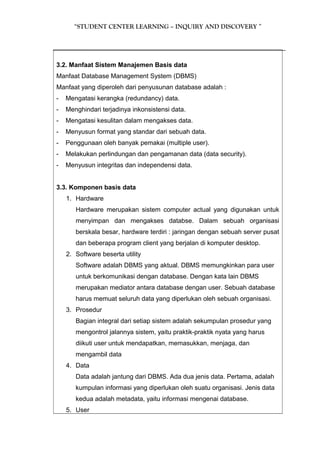 “STUDENT CENTER LEARNING – INQUIRY AND DISCOVERY ” 
3.2. Manfaat Sistem Manajemen Basis data 
Manfaat Database Management System (DBMS) 
Manfaat yang diperoleh dari penyusunan database adalah : 
- Mengatasi kerangka (redundancy) data. 
- Menghindari terjadinya inkonsistensi data. 
- Mengatasi kesulitan dalam mengakses data. 
- Menyusun format yang standar dari sebuah data. 
- Penggunaan oleh banyak pemakai (multiple user). 
- Melakukan perlindungan dan pengamanan data (data security). 
- Menyusun integritas dan independensi data. 
3.3. Komponen basis data 
1. Hardware 
Hardware merupakan sistem computer actual yang digunakan untuk 
menyimpan dan mengakses databse. Dalam sebuah organisasi 
berskala besar, hardware terdiri : jaringan dengan sebuah server pusat 
dan beberapa program client yang berjalan di komputer desktop. 
2. Software beserta utility 
Software adalah DBMS yang aktual. DBMS memungkinkan para user 
untuk berkomunikasi dengan database. Dengan kata lain DBMS 
merupakan mediator antara database dengan user. Sebuah database 
harus memuat seluruh data yang diperlukan oleh sebuah organisasi. 
3. Prosedur 
Bagian integral dari setiap sistem adalah sekumpulan prosedur yang 
mengontrol jalannya sistem, yaitu praktik-praktik nyata yang harus 
diikuti user untuk mendapatkan, memasukkan, menjaga, dan 
mengambil data 
4. Data 
Data adalah jantung dari DBMS. Ada dua jenis data. Pertama, adalah 
kumpulan informasi yang diperlukan oleh suatu organisasi. Jenis data 
kedua adalah metadata, yaitu informasi mengenai database. 
5. User 
 