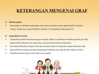 KETERANGAN MENGENAI GRAF
1) Had Keanjalan
 Suatu bahan itu dikatakan berkeadaan anjal sekiranya bahan tersebut dapat kembali ke bentuk
asalnya selepas daya yang bertindak di lepaskan. Ini ditunjukkan oleh garisan OA
2) Keplastikan/Set kekal
 Keplastikan adalah berlawanan dengan keanjalan. Bahan itu dikatakan berkeadaan plastik jika tidak
dapat kembali kebentuk asal selepas daya yang bertindak keatasnya dilepaskan.
 Jika bahan dibebankan selepas titik B dan kemudian beban ini dilepaskan, bahan berkenaan tidak
 akan kembali ke panjang asal dan pemanjangan berlebihan atau tetap disebut sebagai set kekal
 Perubahan bentuk selepas titik B ialah secara plastik.
 