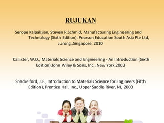 RUJUKAN

Serope Kalpakjian, Steven R.Schmid, Manufacturing Engineering and
Technology (Sixth Edition), Pearson Education South Asia Pte Ltd,
Jurong.,Singapore, 2010

Callister, W.D., Materials Science and Engineering - An Introduction (Sixth
Edition),John Wiley & Sons, Inc., New York,2003
Shackelford, J.F., Introduction to Materials Science for Engineers (Fifth
Edition), Prentice Hall, Inc., Upper Saddle River, NJ, 2000
 