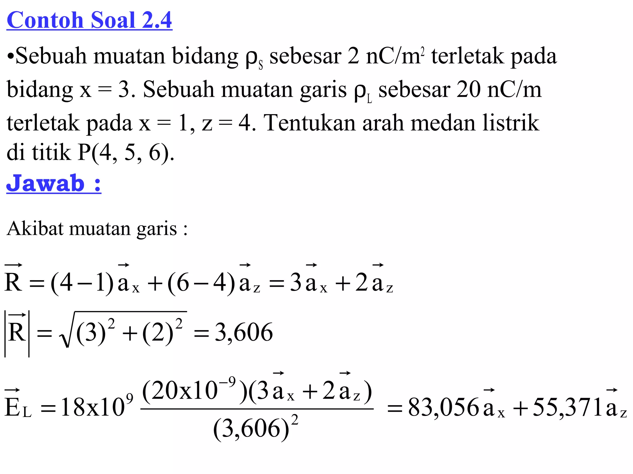 Contoh Soal 2.4
•Sebuah muatan bidang ρS sebesar 2 nC/m2
terletak pada
bidang x = 3. Sebuah muatan garis ρL sebesar 20 nC/m
terletak pada x = 1, z = 4. Tentukan arah medan listrik
di titik P(4, 5, 6).
Jawab :
zx2
zx
9
9
L
22
zxzx
a371,55a056,83
)606,3(
)a2a3)(10x20(
10x18E
606,3)2()3(R
a2a3a)46(a)14(R
+=
+
=
=+=
+=−+−=
−
Akibat muatan garis :
 