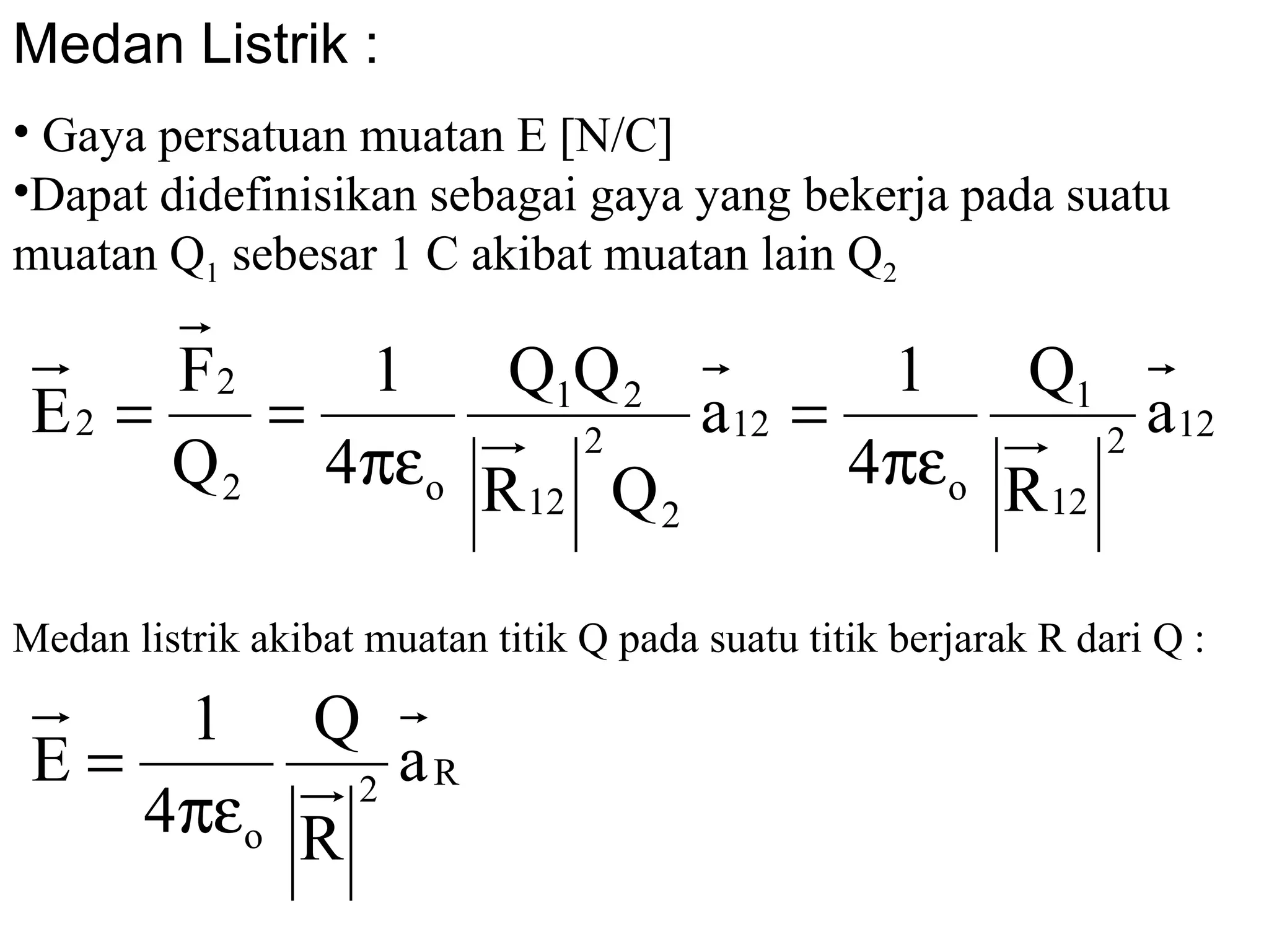 Medan Listrik :
122
12
1
o
12
2
2
12
21
o2
2
2 a
R
Q
4
1
a
QR
QQ
4
1
Q
F
E
πε
=
πε
==
• Gaya persatuan muatan E [N/C]
•Dapat didefinisikan sebagai gaya yang bekerja pada suatu
muatan Q1 sebesar 1 C akibat muatan lain Q2
Medan listrik akibat muatan titik Q pada suatu titik berjarak R dari Q :
R2
o
a
R
Q
4
1
E
πε
=
 