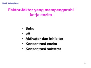 Bab 2 Metabolisme

Faktor-faktor yang mempengaruhi
kerja enzim
•
•
•
•
•

Suhu
pH
Aktivator dan inhibitor
Konsentrasi enzim
Konsentrasi substrat

4

 