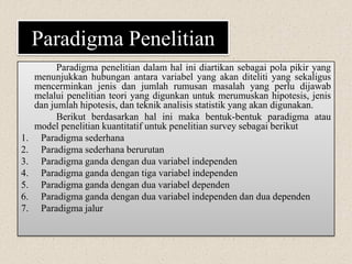 Paradigma Penelitian
Paradigma penelitian dalam hal ini diartikan sebagai pola pikir yang
menunjukkan hubungan antara variabel yang akan diteliti yang sekaligus
mencerminkan jenis dan jumlah rumusan masalah yang perlu dijawab
melalui penelitian teori yang digunkan untuk merumuskan hipotesis, jenis
dan jumlah hipotesis, dan teknik analisis statistik yang akan digunakan.
Berikut berdasarkan hal ini maka bentuk-bentuk paradigma atau
model penelitian kuantitatif untuk penelitian survey sebagai berikut
1. Paradigma sederhana
2. Paradigma sederhana berurutan
3. Paradigma ganda dengan dua variabel independen
4. Paradigma ganda dengan tiga variabel independen
5. Paradigma ganda dengan dua variabel dependen
6. Paradigma ganda dengan dua variabel independen dan dua dependen
7. Paradigma jalur
 
