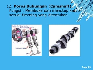Powerpoint Templates
Page 24
12. Poros Bubungan (Camshaft)
Fungsi : Membuka dan menutup katup
sesuai timming yang ditentukan
 