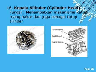 Powerpoint Templates
Page 28
16. Kepala Silinder (Cylinder Head)
Fungsi : Menempatkan mekanisme katup,
ruang bakar dan juga sebagai tutup
silinder
 