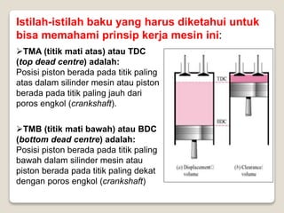 Istilah-istilah baku yang harus diketahui untuk
bisa memahami prinsip kerja mesin ini:
TMA (titik mati atas) atau TDC
(top dead centre) adalah:
Posisi piston berada pada titik paling
atas dalam silinder mesin atau piston
berada pada titik paling jauh dari
poros engkol (crankshaft).
TMB (titik mati bawah) atau BDC
(bottom dead centre) adalah:
Posisi piston berada pada titik paling
bawah dalam silinder mesin atau
piston berada pada titik paling dekat
dengan poros engkol (crankshaft)
 