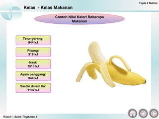 ITeach – Sains Tingkatan 2
Kelas - Kelas Makanan
Topik 2 Nutrisi
Contoh Nilai Kalori Beberapa
Makanan
Telur goreng:
944 kJ
Telur goreng:
944 kJ
Pisang:
318 kJ
Pisang:
318 kJ
Nasi:
1510 kJ
Nasi:
1510 kJ
Ayam panggang:
944 kJ
Ayam panggang:
944 kJ
Sardin dalam tin:
1192 kJ
Sardin dalam tin:
1192 kJ
 
