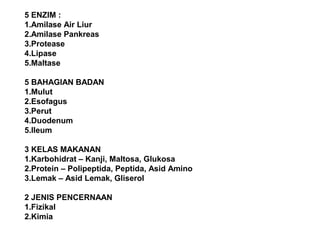 5 ENZIM :
1.Amilase Air Liur
2.Amilase Pankreas
3.Protease
4.Lipase
5.Maltase
5 BAHAGIAN BADAN
1.Mulut
2.Esofagus
3.Perut
4.Duodenum
5.Ileum
3 KELAS MAKANAN
1.Karbohidrat – Kanji, Maltosa, Glukosa
2.Protein – Polipeptida, Peptida, Asid Amino
3.Lemak – Asid Lemak, Gliserol
2 JENIS PENCERNAAN
1.Fizikal
2.Kimia
 
