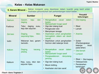 Mineral Sumber Fungsi
Penyakit
kekurangan
Natrium Garam, keju dan
daging.
• Mengekalkan cecair
dalam badan.
• Otot kejang
• Memperbaiki fungsi saraf.
Mineral Source Function Deficiency disease
Fosforus Telur, daging, susu,
keju dan sayuran.
• Gigi dan tulang kuat • Riket
• Pengecutan otot
• Menyimpan tenaga
• Lemah
Mineral Sumber Fungsi
Penyakit
kekurangan
Zat besi Daging, telur dan
sayuran hijau.
• Diperlukan untuk
penghasilan hemoglobin
dalam sel darah merah.
• Anemia
Mineral Sumber Fungsi
Penyakit
kekurangan
Iodin Makanan laut,
garam beriodin
• Diperlukan untuk
penghasilan hormon oleh
kelenjar tiroid.
• Goiter
(Pembengkakan
kelenjar tiroid
pada leher)
Mineral Sumber Fungsi
Penyakit
kekurangan
Kalium Daging, kacang ,
pisang.
• Mengekalkan cecair dalam
badan
• Otot lemah
• Memperbaiki fungsi saraf
• Pengawalaturan denyutan
jantung
• Lumpuh
Mineral Sumber Fungsi
Penyakit
kekurangan
Kalsium Keju, susu, telur
dan sayuran hijau.
• Gigi dan tulang kuat.
• Pembekuan darah.
• Kesihatan otot dan saraf.
• Riket
• Osteoporosis
• Pendarahan
berterusan
• Kekejangan otot
ITeach –Sains Tingkatan 2
Kelas – Kelas Makanan
Topik 2 Nutrisi
5. Garam Mineral - Bahan inorganik yang diperlukan dalam kuantiti yang kecil untuk
kesihatan pertumbuhan dan perkembangan tubuh badan.
Mineral Sumber Fungsi
Penyakit
kekurangan
Kalsium Keju, susu, telur dan
sayuran hijau.
• Gigi dan tulang kuat.
• Blood clotting.
• Kesihatan otot dan saraf.
• Riket
• Osteoporosis
• Pendarahan
berterusan
• Otot kejang
Natrium Garam, keju dan
daging.
• Mengekalkan cecair dalam
badan.
• Otot kejang
• Memperbaiki fungsi saraf
Zat besi Daging, telur,
sayurang hijau.
• Diperlukan untuk penghasilan
hemoglobin dalam sel darah
merah.
• Anemia
Iodin Makanan laut, garam
beriodin.
• Diperlukan untuk penghasilan
hormon oleh kelenjar tiroid.
• Goiter
(Pembengkakan
kelenjar tiroid
pada leher)
Fosforus Telur, daging, susu,
keju dan sayuran.
• Gigi dan tulang kuat • Riket
• Pengecutan otot
• Menyimpan tenaga
• Lemah
Kalium Daging, kacang,
pisang.
• Mengekalkan cecair dalam
badan.
• Otot lemah
• Memperbaiki fungsi saraf
• Pengawalaturan denyutang
jantung
• Lumpuh
 