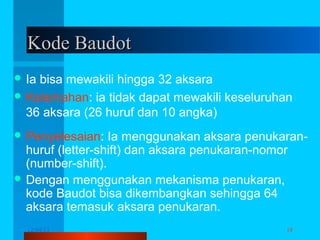 Kode Baudot
 Ia

bisa mewakili hingga 32 aksara
 Kelemahan: ia tidak dapat mewakili keseluruhan
36 aksara (26 huruf dan 10 angka)
 Penyelesaian:

Ia menggunakan aksara penukaranhuruf (letter-shift) dan aksara penukaran-nomor
(number-shift).
 Dengan menggunakan mekanisma penukaran,
kode Baudot bisa dikembangkan sehingga 64
aksara temasuk aksara penukaran.
12/04/13

Komunikasi Data

18

 