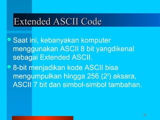 Extended ASCII Code
 Saat

ini, kebanyakan komputer
menggunakan ASCII 8 bit yangdikenal
sebagai Extended ASCII.
 8-bit menjadikan kode ASCII bisa
mengumpulkan hingga 256 (28) aksara,
ASCII 7 bit dan simbol-simbol tambahan.

12/04/13

Komunikasi Data

26

 