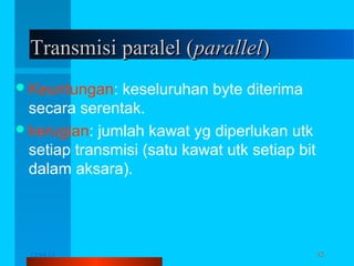 Transmisi paralel (parallel)
 Keuntungan:

keseluruhan byte diterima
secara serentak.
 kerugian: jumlah kawat yg diperlukan utk
setiap transmisi (satu kawat utk setiap bit
dalam aksara).

12/04/13

Komunikasi Data

32

 