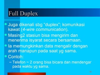 Full Duplex
 Juga

dikenali sbg “duplex”; komunikasi
kawat (4-wire communication).
 Masing2 stasiun bisa mengirim dan
menerima isyarat secara bersamaan.
 Ia memungkinkan data mengalir dengan
arah manapun pada saat yg sama.
 Contoh:
– Telefon ~ 2 orang bisa bicara dan mendengar
pada waktu yg sama.
12/04/13

TJ 2013 - Komunikasi Data

58

 